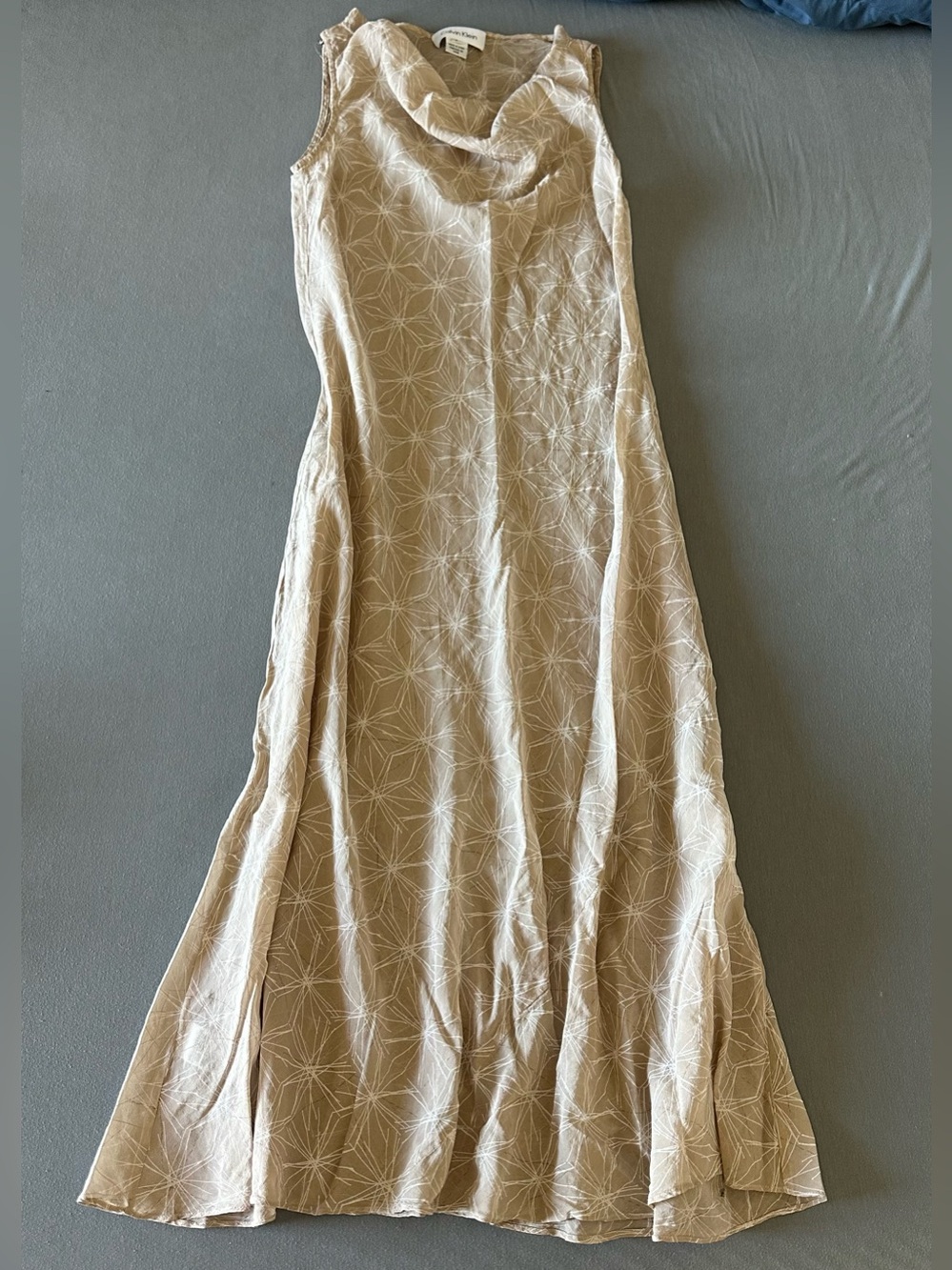 Calvin Klein Beige & White Geometric Sleeveless Slip Dress w/Cowl Neck